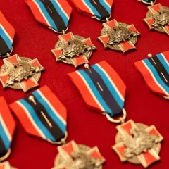 Kolekcja medali i odznaczeń OSP z orłem i czerwono-niebiesko-czarnymi wstążkami, ułożona na czerwonym tle.