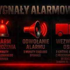 Trzy rodzaje sygnałów alarmowych: alarm zagrożenia (migająca syrena), odwołanie alarmu (głośnik) i wezwanie OSP (wóz strażacki).