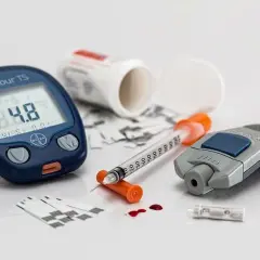 Glukometr, igła, lancet i paski testowe. Monitorowanie poziomu cukru we krwi pomaga wykryć spadek cukru objawy.