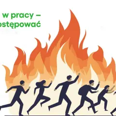 W przypadku zauważenia pożaru pracownik jest zobowiązany do ewakuacji. Ludzie uciekają przed płomieniami.