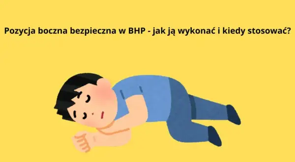 Chłopiec w pozycji bocznej bezpiecznej na żółtym tle. Ilustracja pokazuje, jak prawidłowo ułożyć się w tej pozycji.