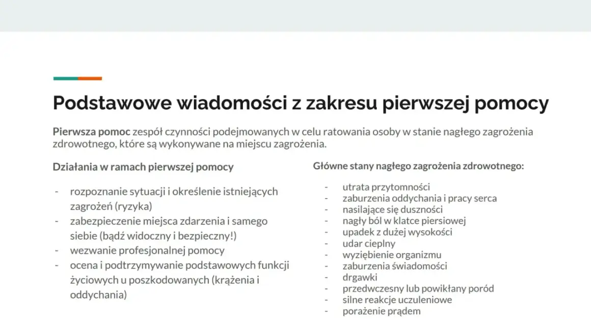 Lista stanów nagłego zagrożenia zdrowotnego, w tym nasilające się duszności, utrata przytomności i zaburzenia oddychania. Podstawowe wiadomości z zakresu pierwszej pomocy.