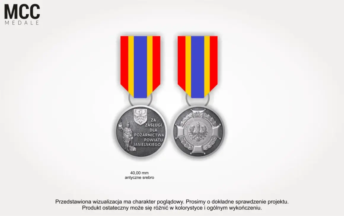 Brązowy medal za zasługi dla pożarnictwa powiatu jasielskiego, z godłem i postacią strażaka.