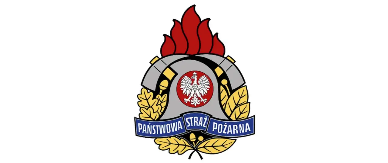 Herb Państwowej Straży Pożarnej (PSP) z orłem i płomieniami. Symbolizuje odwagę i gotowość do walki z ogniem.