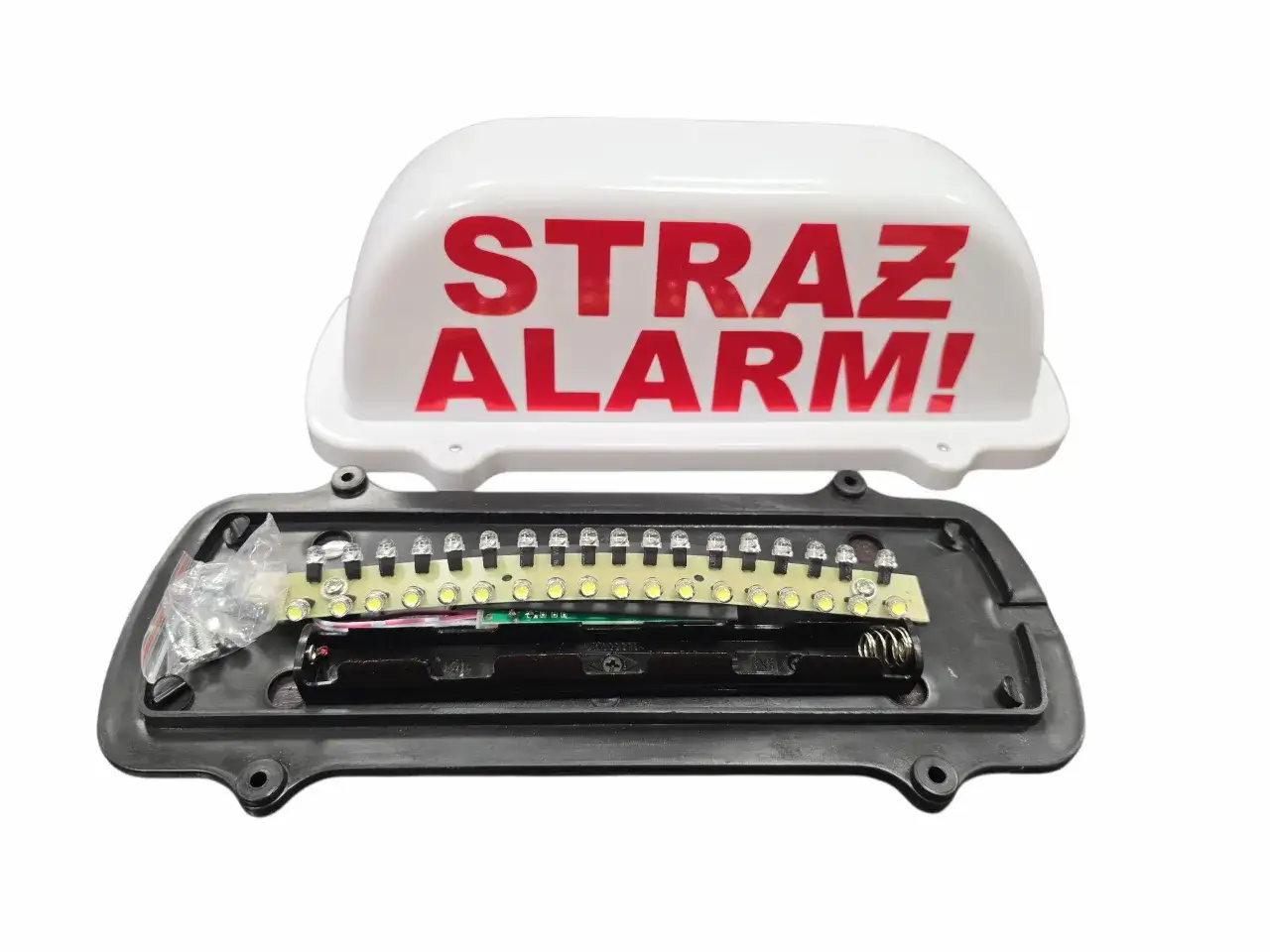 Otwarta syrena alarmowa z napisem 