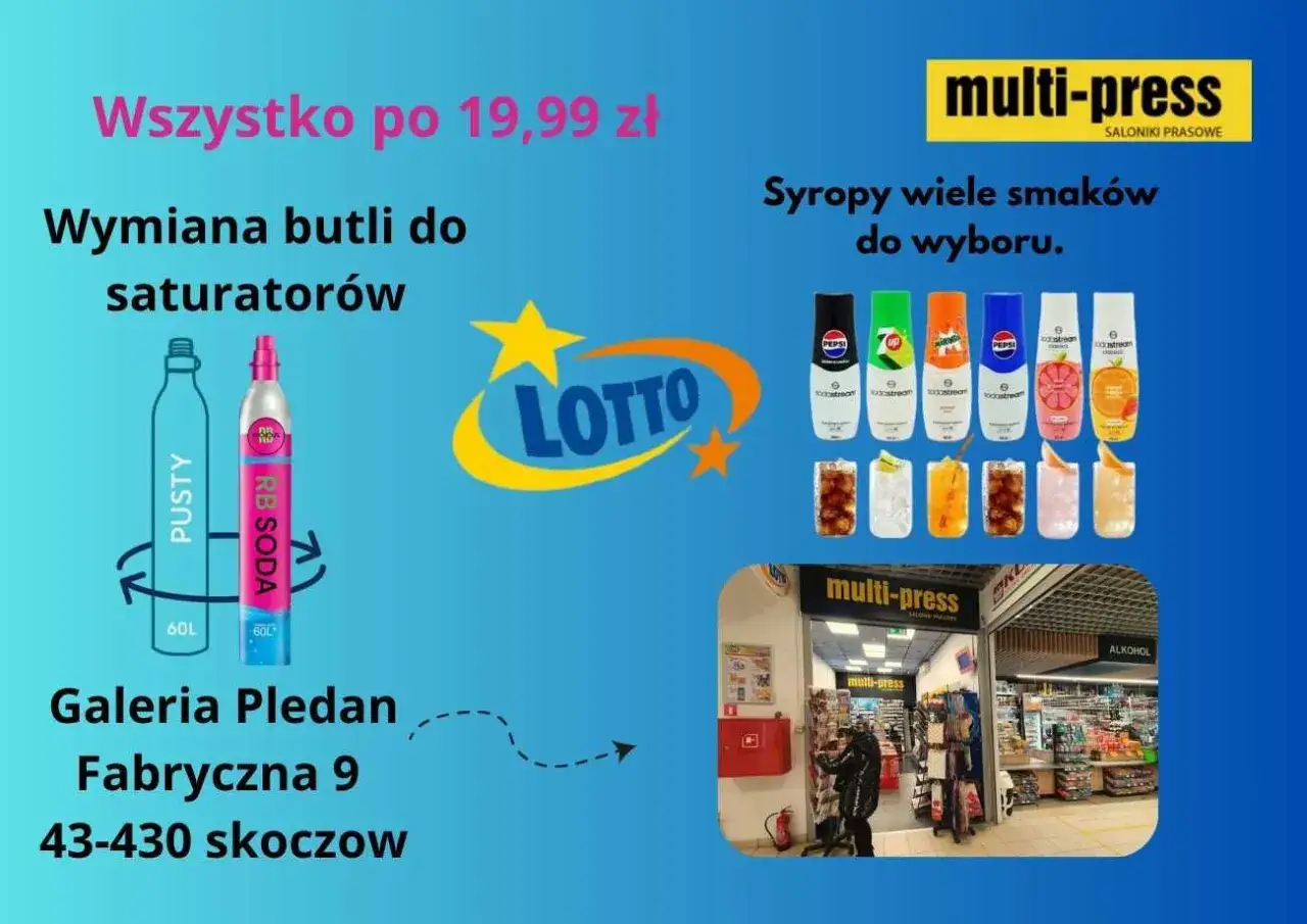 Wymiana butli CO2 do saturatorów, syropy do wyboru, wszystko po 19,99 zł. Multi-press w Galerii Pledan.